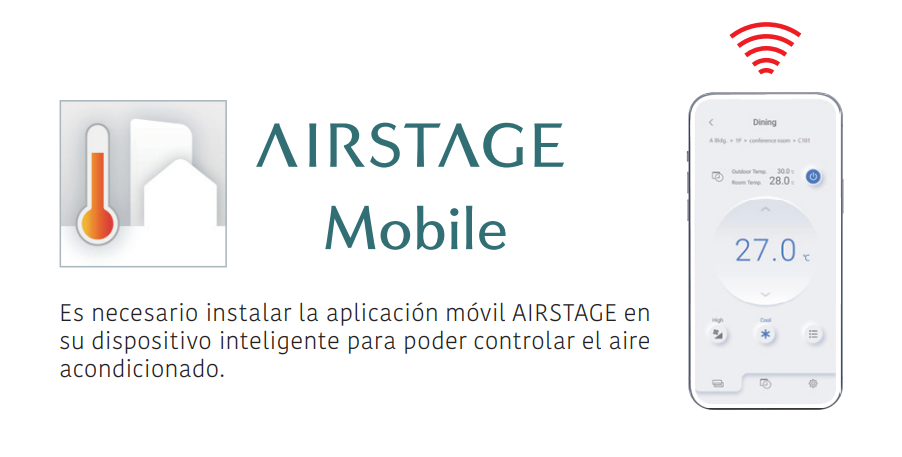 WiFi incluido con AIRSTAGE Mobile Este conjunto incluye WiFi de serie mediante adaptador WLAN en las unidades interiores, permitiendo controlar el aire acondicionado desde el móvil mediante la aplicación AIRSTAGE Mobile.  Desde la app puedes encender y apagar el equipo, ajustar la temperatura, cambiar el modo de funcionamiento y controlar el estado del aire acondicionado desde cualquier lugar. Esto permite preparar la estancia antes de llegar a casa, optimizar el uso diario y evitar consumos innecesarios.  Es una prestación muy práctica para quienes buscan control inteligente, comodidad y gestión remota de la climatización.